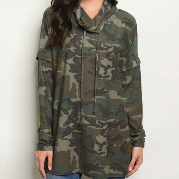 CAMO COWL NECK TUNIC TOP - Picture 2 of 7